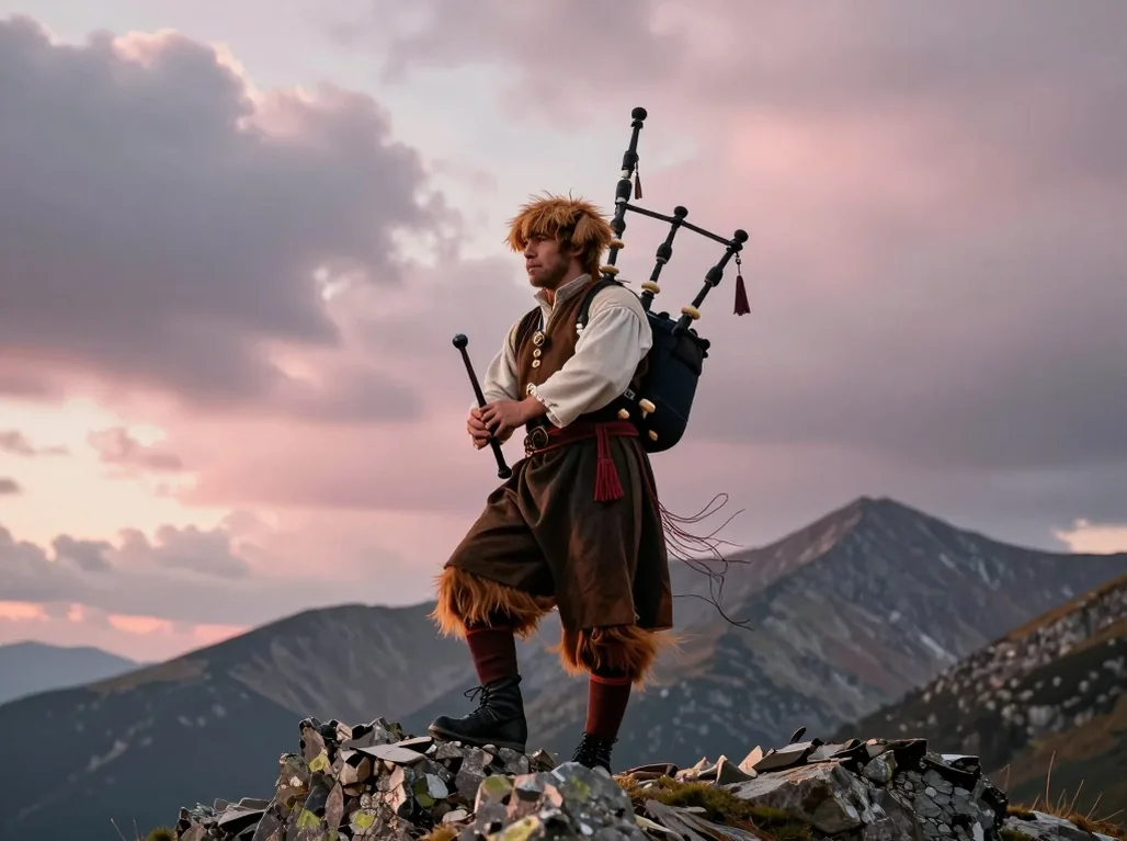 Highland bagpiper in traditional mountain costume playing gajdy on a rocky ridge at dawn